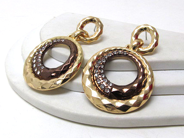 Crystal metal hammered designer style drop two round ring earring