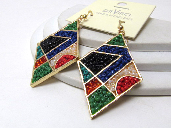 Metal triangle fashion designer style multi seed beads inside drop earring 