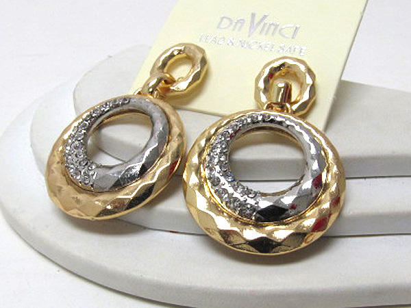 Crystal metal hammered designer style drop two round ring earring