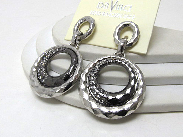 Crystal metal hammered designer style drop two round ring earring