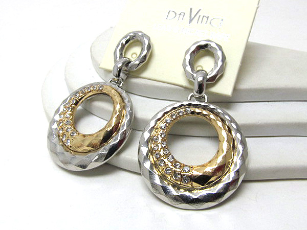 Crystal metal hammered designer style drop two round ring earring