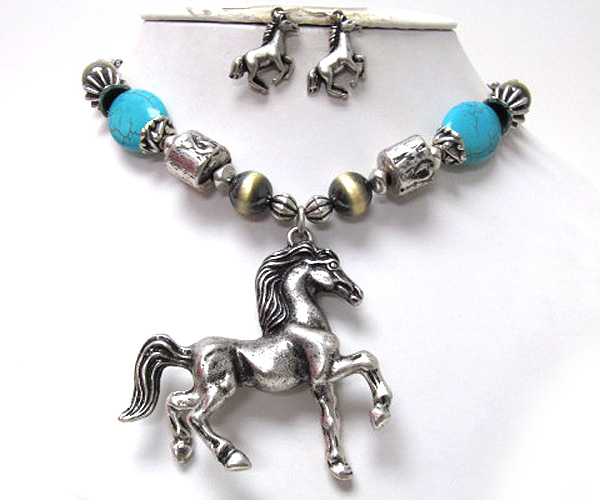 Multi metal balls and mixted metal with two natural stone drop fashion metal horse chain necklace earring set