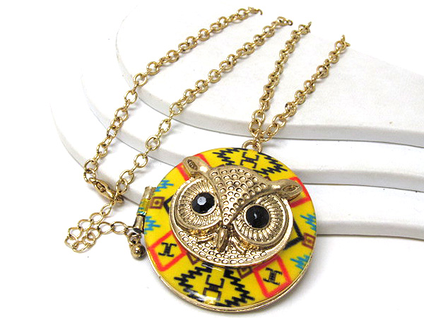 Crystal eyes epoxy owl head locket long chain necklace