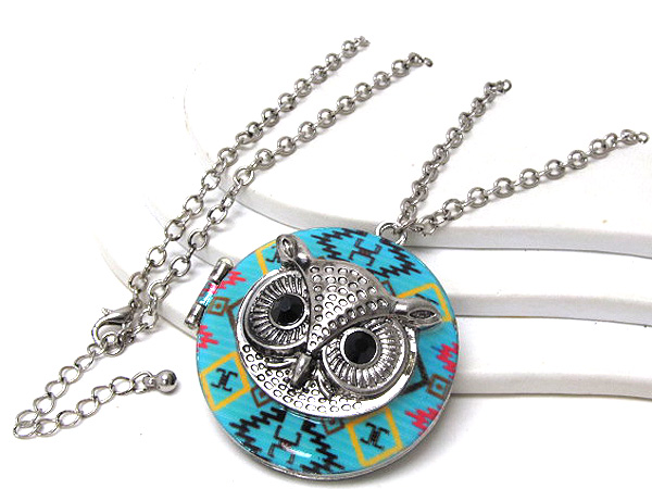 Crystal eyes epoxy owl head locket long chain necklace