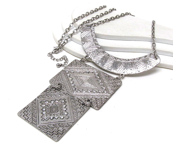 Crystal azteca metal squarepatern and half oval drop chain necklace earring set -western