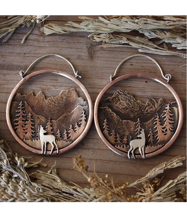 Vintage deer and forest earring
