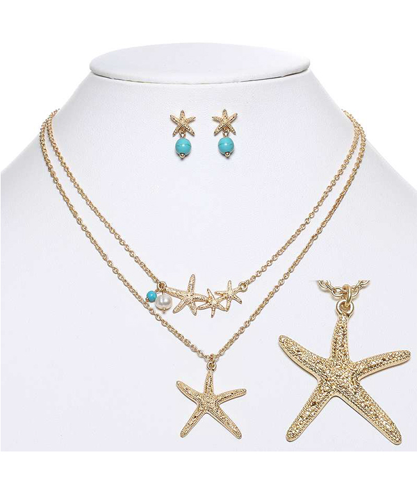 Textured starfish double layer necklace set