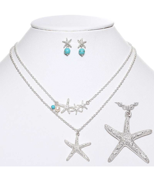 Textured starfish double layer necklace set