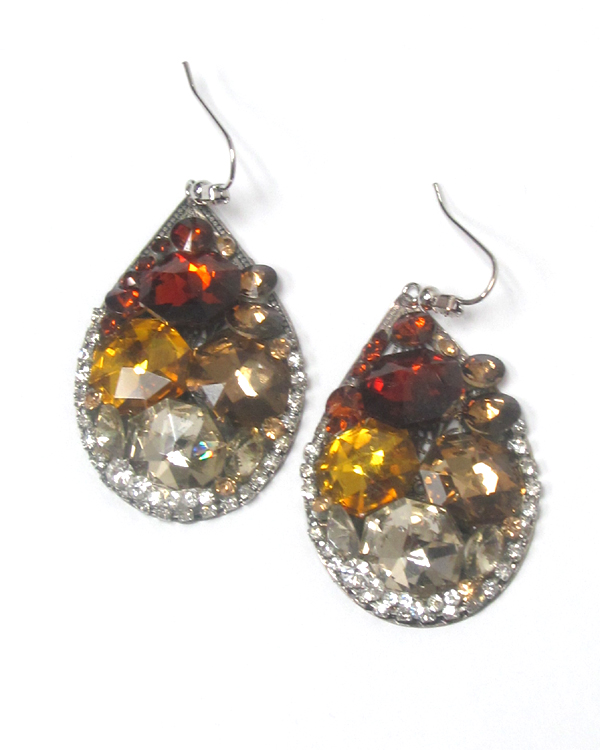 Multi crystals teardrop fish hook earrings 