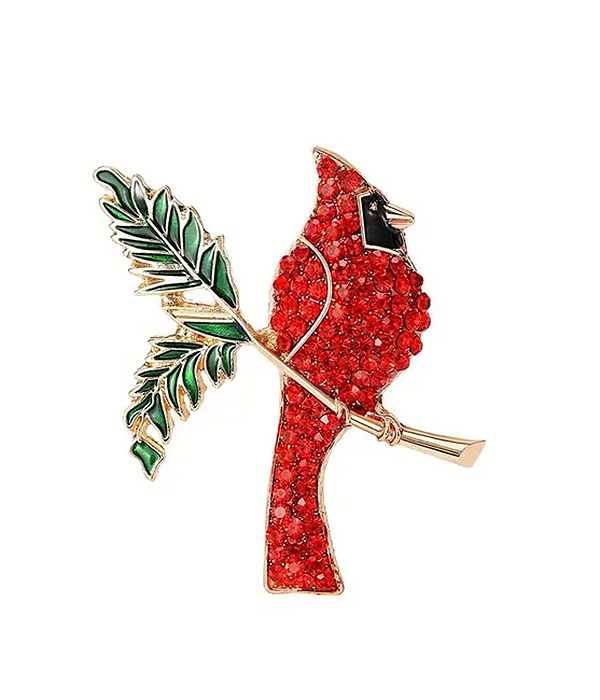 Red bird on branch brooch - cardinal