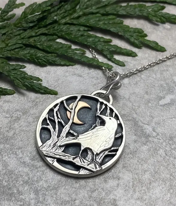 Bird pendant necklace - crow and forest