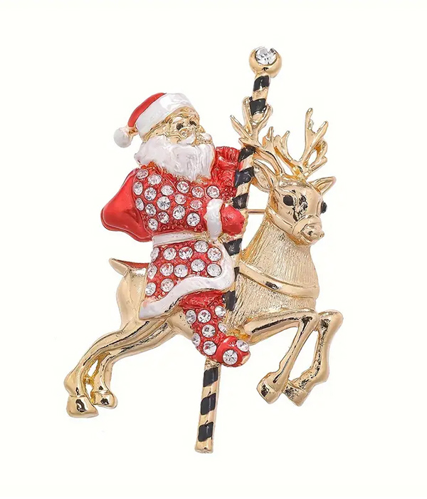 Santa and reindeer brooch