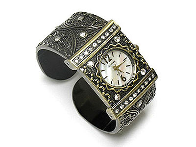 Antique style crystal stud metal filigree cuff watch