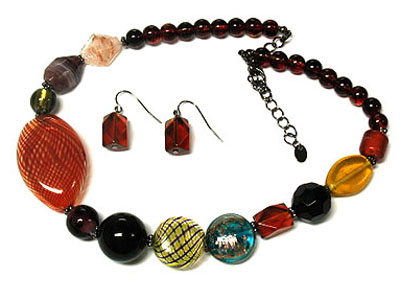 Murano glass and genuine stone beads necklace and earring set