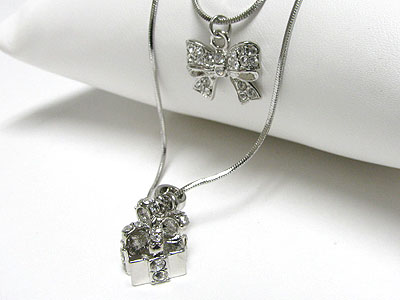 Crystal gift box and ribbon pendant double strand  necklace