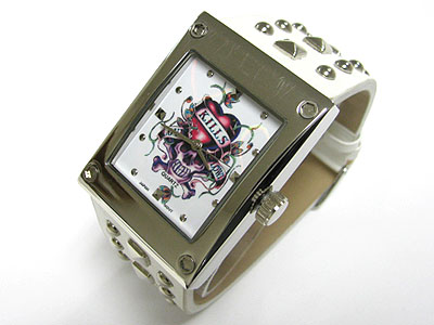 Tattoo theme metal stud leather band watch