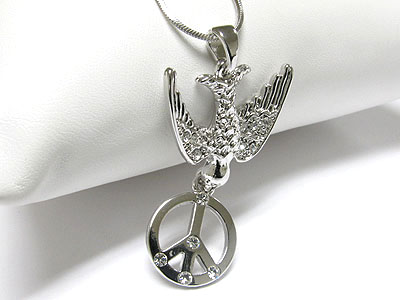 Whitegold palting crystal dove and peace mark pendant necklace