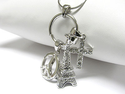 Whitegold palting crystal eifel tower and cross and peace pendant necklace