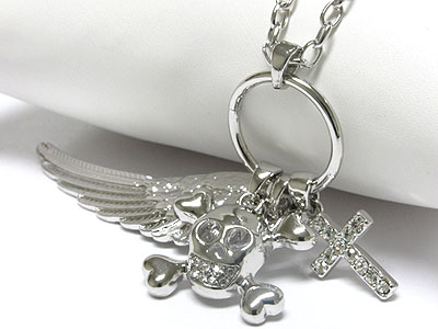 Whitegold palting crystal cross wing skull pendant necklace