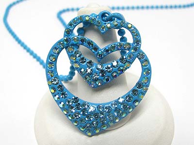 Special price - crystal stud enamel metal dual heart link pendant necklace