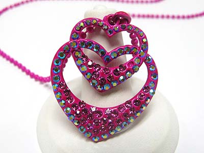 Special price - crystal stud enamel metal dual heart link pendant necklace