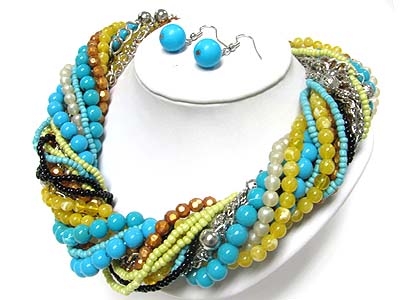 Multi chunky beads and chain braided necklace earring set