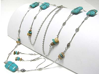 Turquoise and other natural stone long necklace earring set