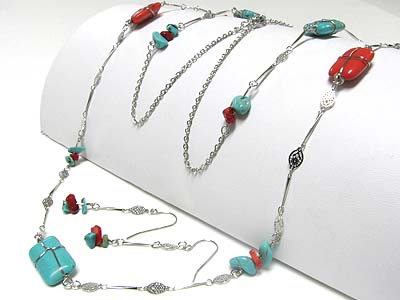 Turquoise and other natural stone long necklace earring set