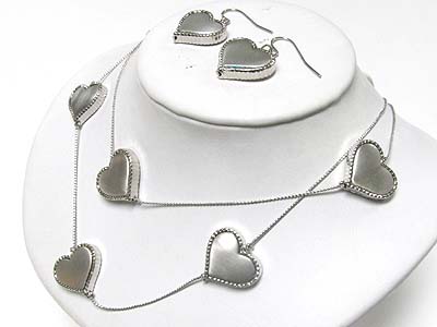 Dual face heavy metal fill heart link long necklace earring set