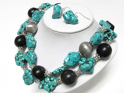 Double strand turquoise stone and wood ball mixed necklace earring set