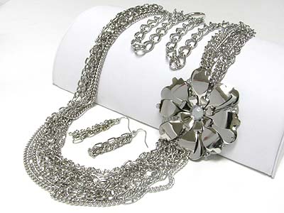 Multi metal flower accent multi chain long necklace earring set