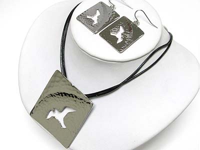 Hammered metal pendant cord neckalce earring set - bird square