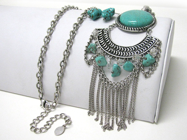 Tribal look turquoise stone ans tassel drop long necklace earring set