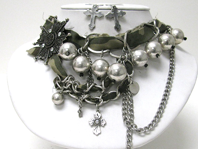 Military look suede and metal chain mix necklace earring set