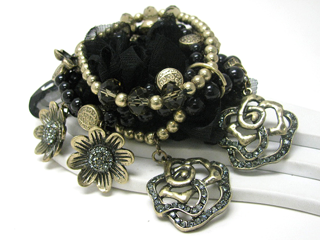 Crystal flower charm multi row beads and chiffon mixed stretch bracelet