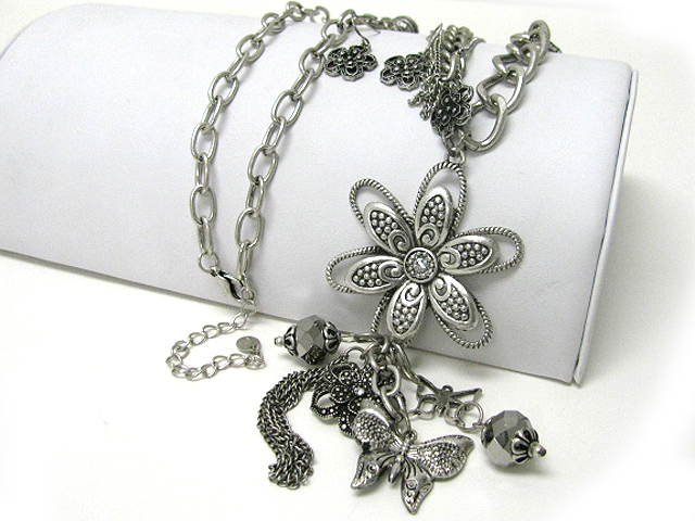 Flower and buttertfly charm dangle long multi chain necklace earring set