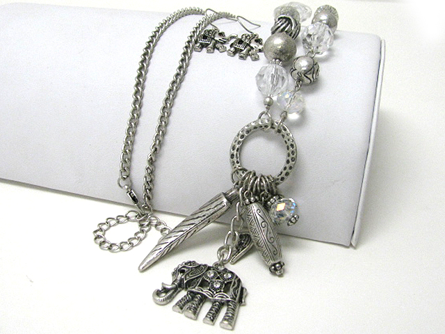 Elephant and mixed charm dangle long multi chain necklace earring set