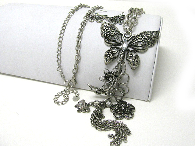 Flower and buttertfly charm dangle long multi chain necklace earring set