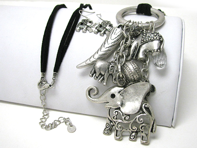 Multi elephant charm long suede necklace earring set