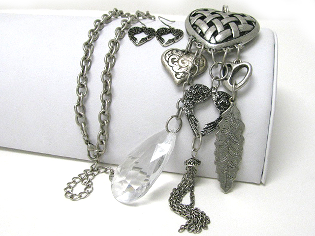 Metal heart and mixed charm dangle long multi chain necklace earring set