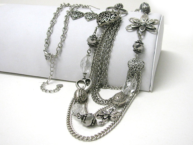 Heart flower and mixed charm link long multi chain necklace earring set