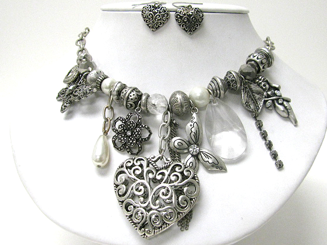 Filigree heart and mixed charm dangle necklace earring set