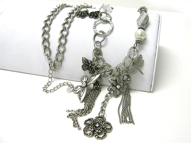 Flower and buttertfly charm dangle long chain necklace earring set