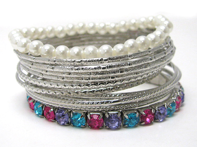 Crystal pearl and metal mixed multi row stackable bangle set