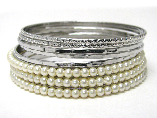 Pearl and metal mixed multi row stackable bangle set