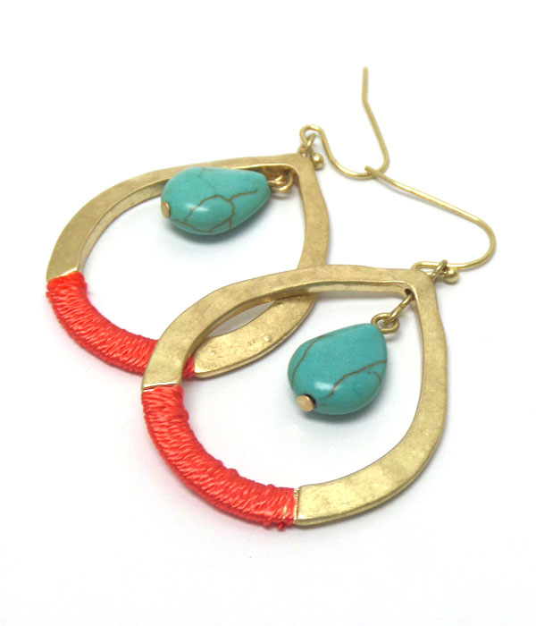 Oval metal teardrop with turquoise stone earrings