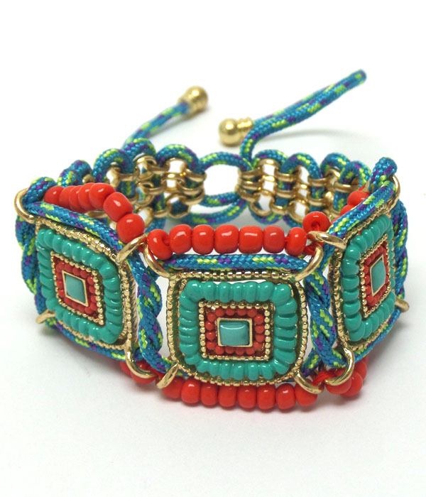 Square handmade seed beads pull tie bracelet