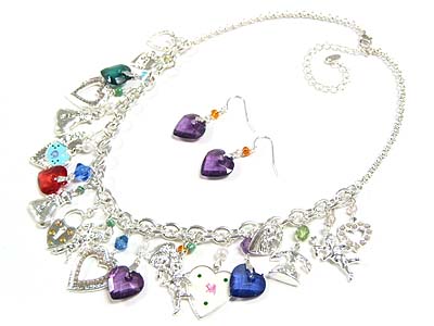 Shinny silver plating multi metal and glass charm necklace and earring set