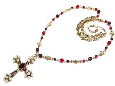 Crystal cross and bead chain necklace