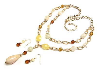 Genuine yellow jade teardrop double line necklace and earring set